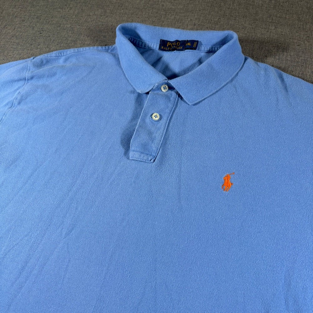 Polo Ralph Lauren Polo Shirt Mens XXL Blue Short Sleeve Orange Pony Logo Pique